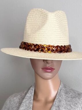 Michael Kors Straw Fedora With Tortoise Chain